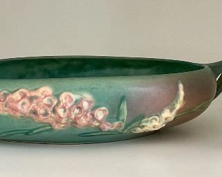 Item 102:  Antique Roseville Notched Rim Vase with White Rose 978:  $48                                                                                                     Item 103:  Antique Roseville  Foxglove 421-10" Console Bowl:  $68                                                                                    