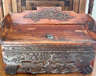 Item 13:  Hand Carved Chinese Fir Wood Box circa 1880s purchased at Mohr and McPherson - 11"l x 6.25"w x 6.25"h:  $125