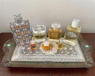 Item 115:  Vintage Tray with Sandwiched Lace Between Glass and Decorative Edge: $65                                                                                         Tray - 14.5" x 1.5"