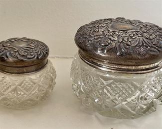 Item 122:  Antique Vanity Jars with Sterling Repousse Covers: $68 for both