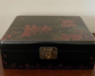 Item 125:  Black Painted Antique Box Depicting Asian Scene - 14"l x 9"w x 4.5"h: $38