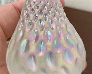 Item 132:  Levay? White Iridescent Strawberry Art Glass Paperweights (2) - 2.5":  $58 for pair