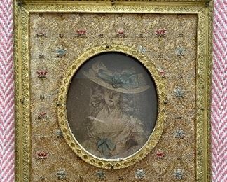 Item 134:  Antique Brass and Fabric Frame with Victorian Woman Image: $45