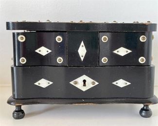 Item 136:  Small Footed Antique Ebony Jewelry Box with Bone Inlay - 7.5"l x 4.5"w x 4.75"h: $195