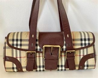 Item 142:  Burberry Haymarket Buckle Brown Coated Canvas Shoulder Bag: $265