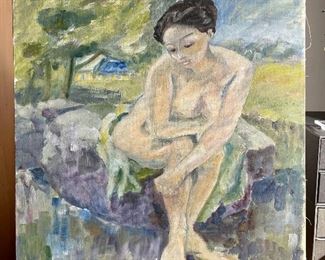 Item 150:  Contemplative Woman Artwork on Canvas - 20" x 23.75":  $65