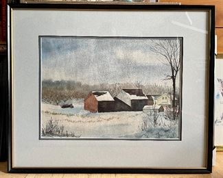 Item 163:  Watercolor by Rita Card, Snowy Farm - 21.25" x 17.5": $175