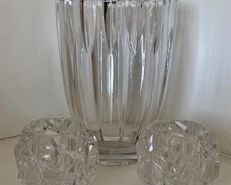 Item 75:  (2) Tiffany & Co. Votives (front) - 3":   $32 for Pair (SOLD)                                                                                               Item 76:  Crystal Vase (rear):  $38