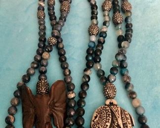 Item 194:  Two Long Semi Precious Stone Necklaces with Elephant Pendants:  $42