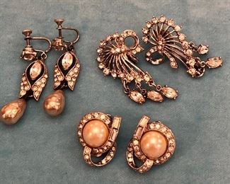 Item 199:  Three Pairs of Vintage Rhinestone and Pearl Clip Earrings:  $28