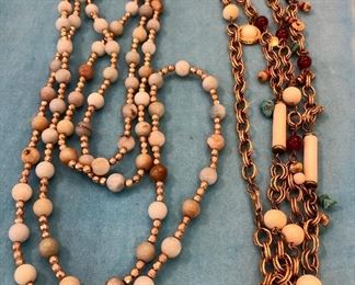 Item 233:  Beaded Necklace with Stretch Cord, gold Tone and Green: $14                                                                                              Item 234:  Gold tone Link Necklace with White Accents: $14