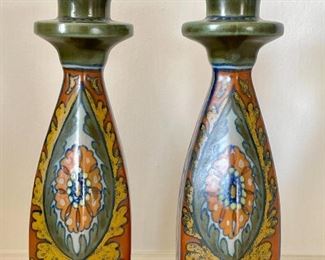 Item 25:  Gouda Holland Art Pottery Candle Sticks, hand painted, semi-matt, Holland, circa 1920’s. Signed on bottom - 7":  $165