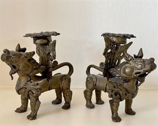 Item 28:  Antique Chinese Foo Dog Brass Candlesticks - 3.5":  $125