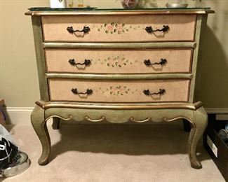 Hand Painted Cottage Core Style, 3 drawer Small Dresser W/ floral painted top w/ glass