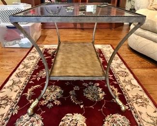Minimalistic Space Saver Glass and Metal Coffee Table W/ Brass Accents. Approx 5x7 Accent Rug, 