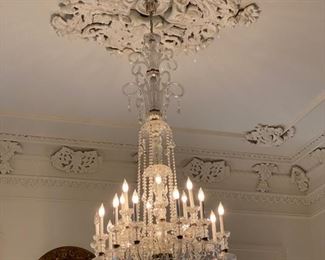 Venetian crystal chandeliers, four available, measures 88 inches in height. These can be minimally altered to better fit a space by removing a small section at the top.