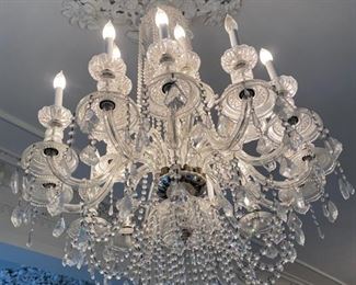 Venetian crystal chandeliers, four available, measures 88 inches in height. These can be minimally altered to better fit a space by removing a small section at the top.