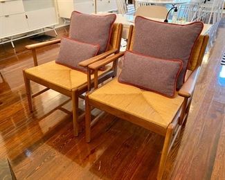 Pair contemporary Danish Modern style ‘accent chairs’ with rush seats from McGee & Co.