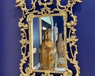 $295 -Enchanting  chinoiserie Chippendale brass mirror with HO HO birds 4"H; 21"W
