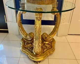 $250 each - Ornate, gilded table with glass top - 2 AVAILABLE!  - 22"H; 25"Diam.