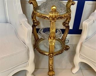 $350 - Ornate, gilded double glass table: 28"H; 18"Diam.   