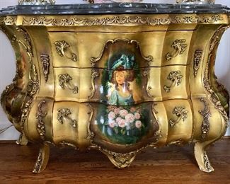 $2400 - Louis XVI style bombay chest/commode, French Style, verde marble top, painted with ormolu mounts  - 38"H; 59"W; 22"D