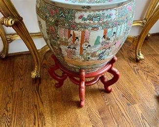 $350 - Rose Medallion Porcelain Fishbowl Urn on stand #2 - 23"H; 15"Diam.  Stand: 10"H; 14"Diam