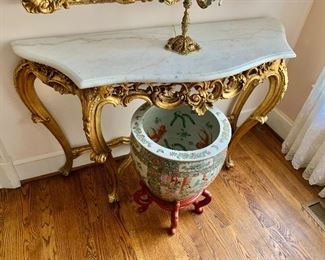 $595 - Louis XV style carved wood console with antiqued marble top  #1.  33"H; 50"W: 19"D 