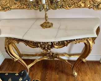 $595  each - Louis XV style carved wood console with antiqued gold leaf finish and marble top #2 - 33"H; 50"W; 19"D