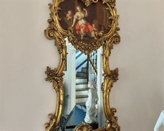 $495 - French Giltwood Trumeau Mirror with giclee - 58"L; 27"W
