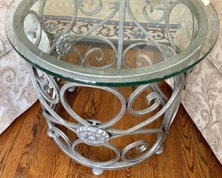 $250 each - Metal scroll table with glass top - Table #1.  25"H; 27"Diam