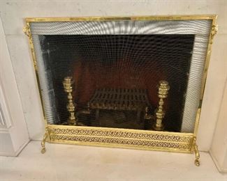 $225 - Brass fire screen: 32"H; 36"W.  Burning wood holder: 18.5"H; 30"W; 24"D