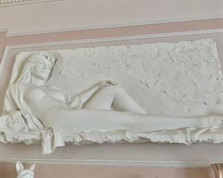 $3500 - Signed Bill Mack bonded sand reclining female sculpture- 34"H; 62"W; 9"D