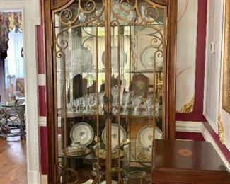 $1500 each - Gilt iron gate and glass front, double door china or curio cabinet with 4 glass shelves - 2 AVAILABLE! approx 94" H, 48" W, 18" D. 