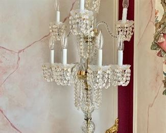 $500 - Crystal, electrified candelabra with cascading crystal adornments  - 42" H, 20" W, 20" D.