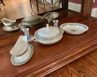 $50 Lenox "Autumn" gravy boat (4.5" H, 8.5" W, 6" D), covered casserole (6" H, 9" diam), $60 oval serving bowl (2" H, 9.75" L, 7.5" W.  $20  Pair crystal candlesticks each 4" H, base 4.5" diam. COVERED CASSEROLE IS SOLD