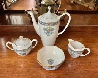 $50 Lenox "Autumn" coffee pot (9.5" H, 9" W),$25 covered sugar bowl (4.5" H, 6.5" W), $25creamer (3" H, 5" W), $60 octagonal bowl (2.25" H, 5" diam).   BOWL, SUGAR  AND CREAMER  ARE SOLD