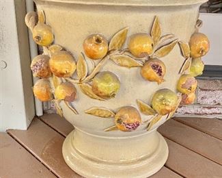 $225 - Made in Italy Dolfi Natalia signed and numbered pomegranate planter #1.  As Is - some glazing coming off - 20"H; 19"Diam