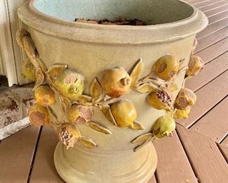 $225 - Made in Italy Dolfi Natalia signed and numbered pomegranate planter #2.  20"H; 19"Diam - AS IS - some chipping to the glaze