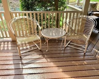 Chairs $125 each - Pair of vintage 1960's Woodard "Daisy Bouquet" or "Daisychain" Wrought Iron Barrel Back Patio Chairs - 30"H; 26"W: 26"D.  Table $95 - Table: 17.5"H; 24"Diam 