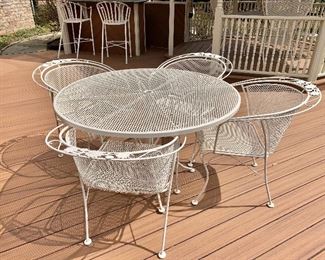 $395 for set - Detail #1 - Vintage 1960's Woodard "Daisy Bouquet" or "Daisychain" Wrought Iron Barrel Back Patio Chairs and Woodard Wrought Iron Mesh 48'' Wide Round Dining Table with Umbrella Hole 