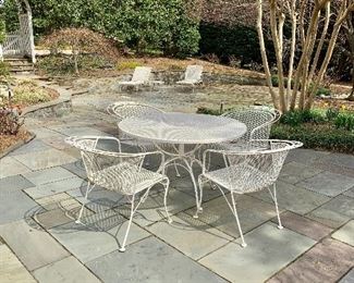 $395  for set - Set #2 Vintage table and1960's Woodard "Daisy Bouquet" or "Daisychain" Wrought Iron Barrel Back Patio Chairs and Woodard Wrought Iron Mesh 48'' Wide Round Dining Table with Umbrella Hole