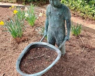 $950 - Bronze Boy with Wheel Barrel Sculpture - 37"H; 33"W; 18"D