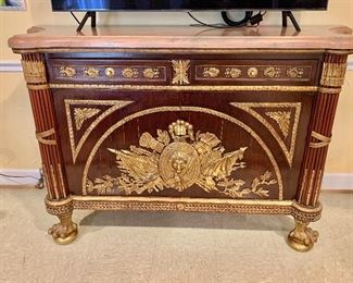 $1400 - Antique Louis XVI Revival Ormolu Mounted Commode à Vantaux C1880 19th Century - Features Brass Work, Fluted Column Details with Brass Inlay, Cast Lion's Paw Feet on a Bun  41"H; 65"W; 22"D