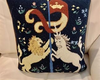 $30 - Needlepoint lion and unicorn pillow 