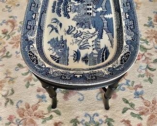$195 each - Blue and white willow platters on stand/tables ; #1.  Each 18.5" H, 18.5" W, 14" D. 