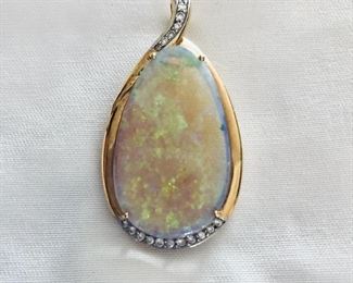 $850 14K gold large  opal diamond pendant:  2"L; 2"W