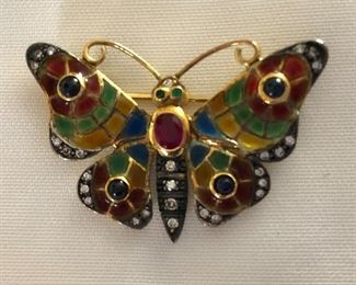 $450  18K Multi color stone butterfly pin:  1"H; 1.5"W 