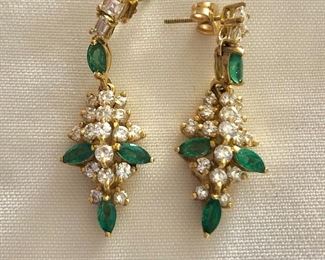 $495 18K gold diamond and emerald earrings, each: 1.3"H; 0.5"W