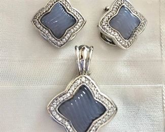 $1995  set David Yurman  18K white gold diamonds  lavender chalcedony quadrefoil pendant and earrings.  Pendant: 1.5"H; 0.8"W.  Earrings, each: 0.8"x0.8"